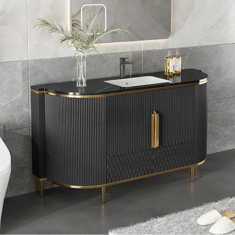 

Light Luxury Bathroom Cabinet Solid Wood Modern Minimalist Floor Bathroom Wash Basin Cabinet Combination