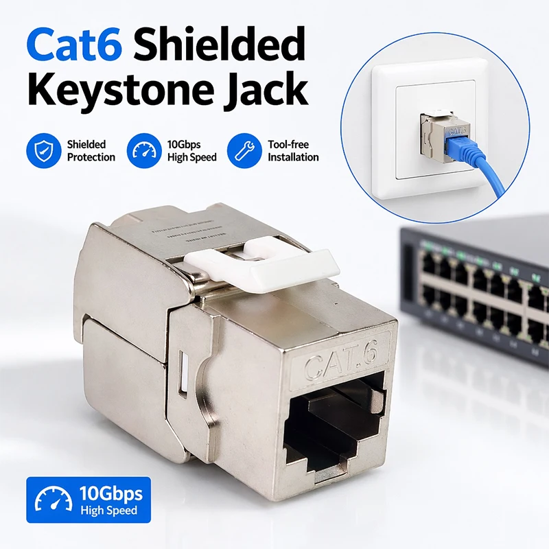 10PCS-CAT.6 Shielded Tool-less RJ45 Keystone Jack- No Punch Down Up-Down Crimp, 10Gbps Network Data Connector for Cat.6 Shielded