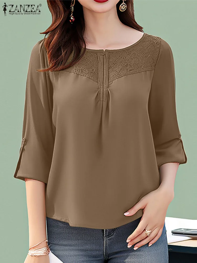 

Блузка ZANZEA женская с круглым вырезом, праздничная Повседневная однотонная элегантная рубашка с кружевом кроше, с рукавом 3/4, в стиле пэчворк, на лето