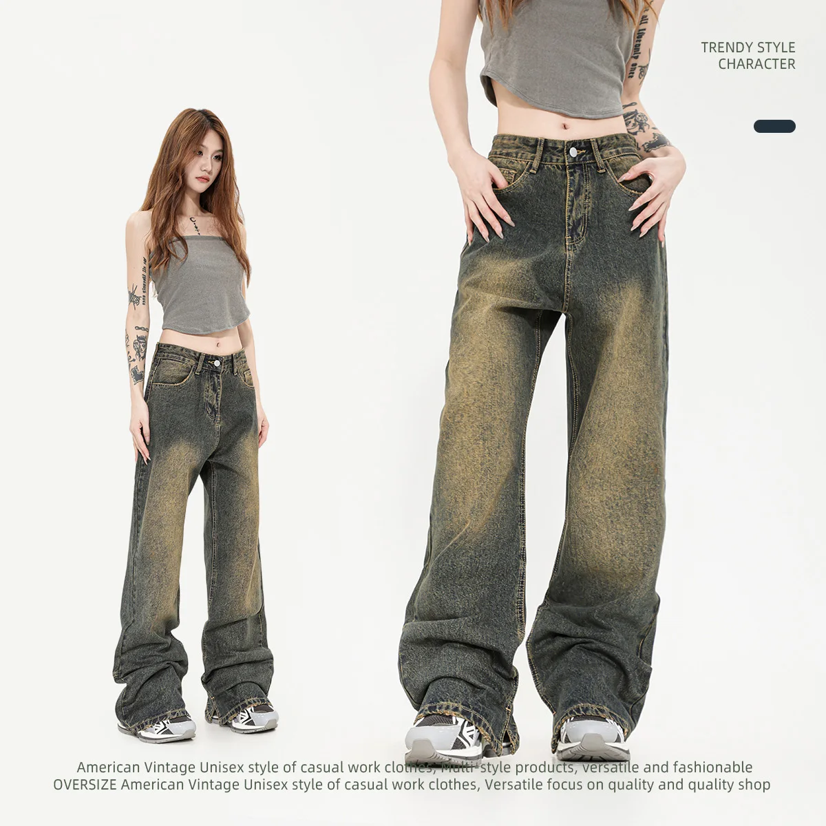 2024 New American Washed Wasteland Style Brown Distressed Versatile High Waisted Straight Leg Wide Leg Jeans for Women