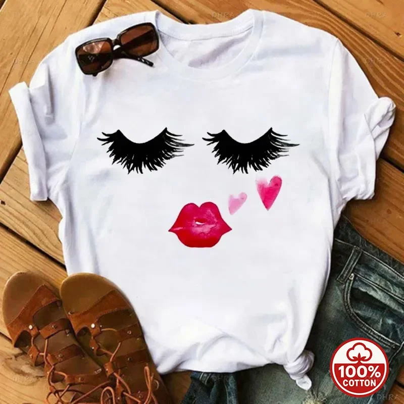 Women Line Art T-Shirt Red Lips Lashes Minimal Graphic Top