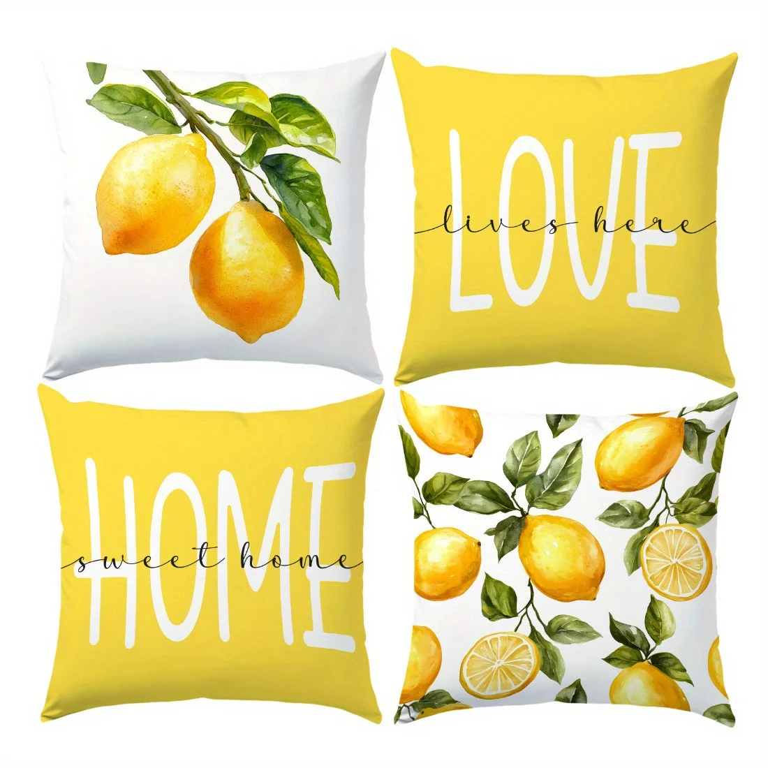 4Pcs Lemon Print Pillow Covers - Watercolor Cushion Covers for Home Decor (No Insert)