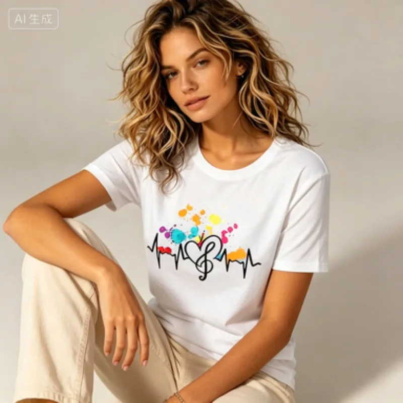 Women Modal Fabric Round Neck T‑Shirt Colorful Paint Splash Music Heartbeat Casual Short Sleeve Top