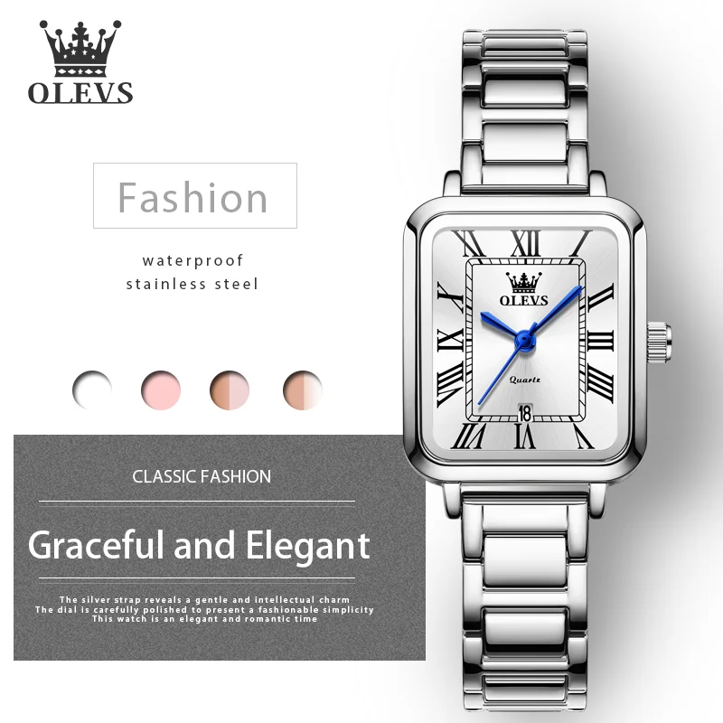 OLEVS heiße marke frauen uhr rechteckige zifferblatt römische skala datum weibliche armbanduhr silber wasserdicht klassische quarz dame uhren