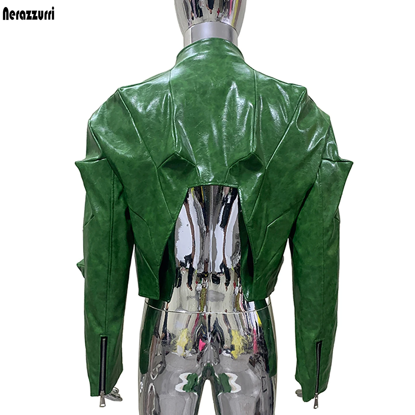 Nerazzurri Autumn Short Shiny Bright Green Deconstruction Pu Leather Jacket Men Luxury Designer Punk Style Menswear Streetwear