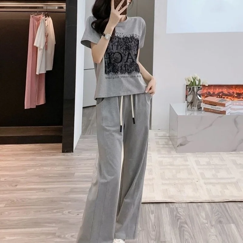 

Women's Summer Casual Sporty Clothing Matching Sets 2025 New Lady Letter Short Sleeve T Shirts Wide Leg Pants Two Piece Suits