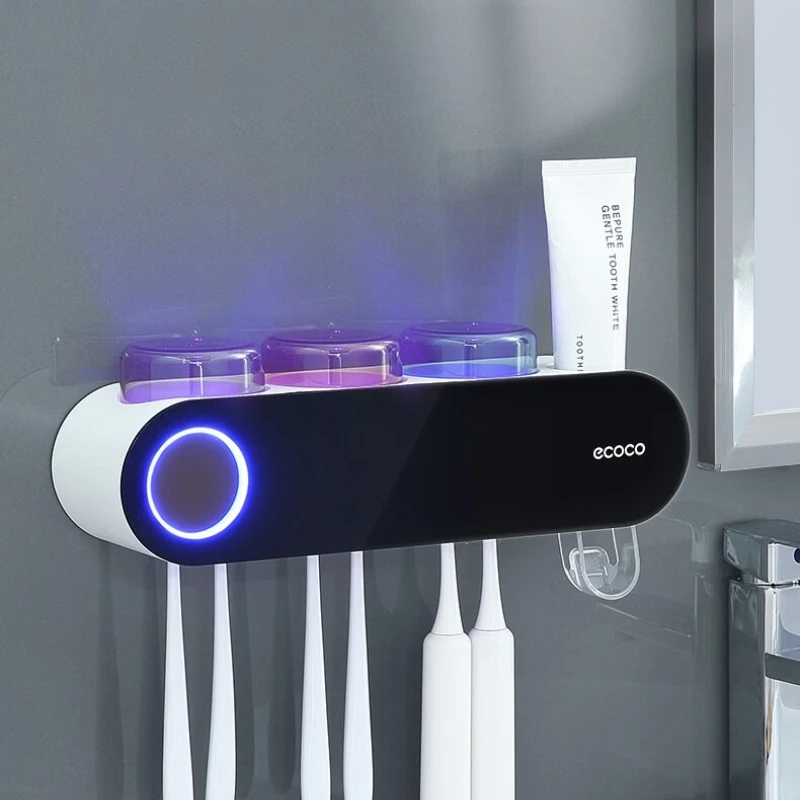 Toothbrush Sanitizer Rack with Dispenser, Wall Mounted UV Sterilization Cabinet, No-Drill Easy Setup, Secure Anti-Drop Black
