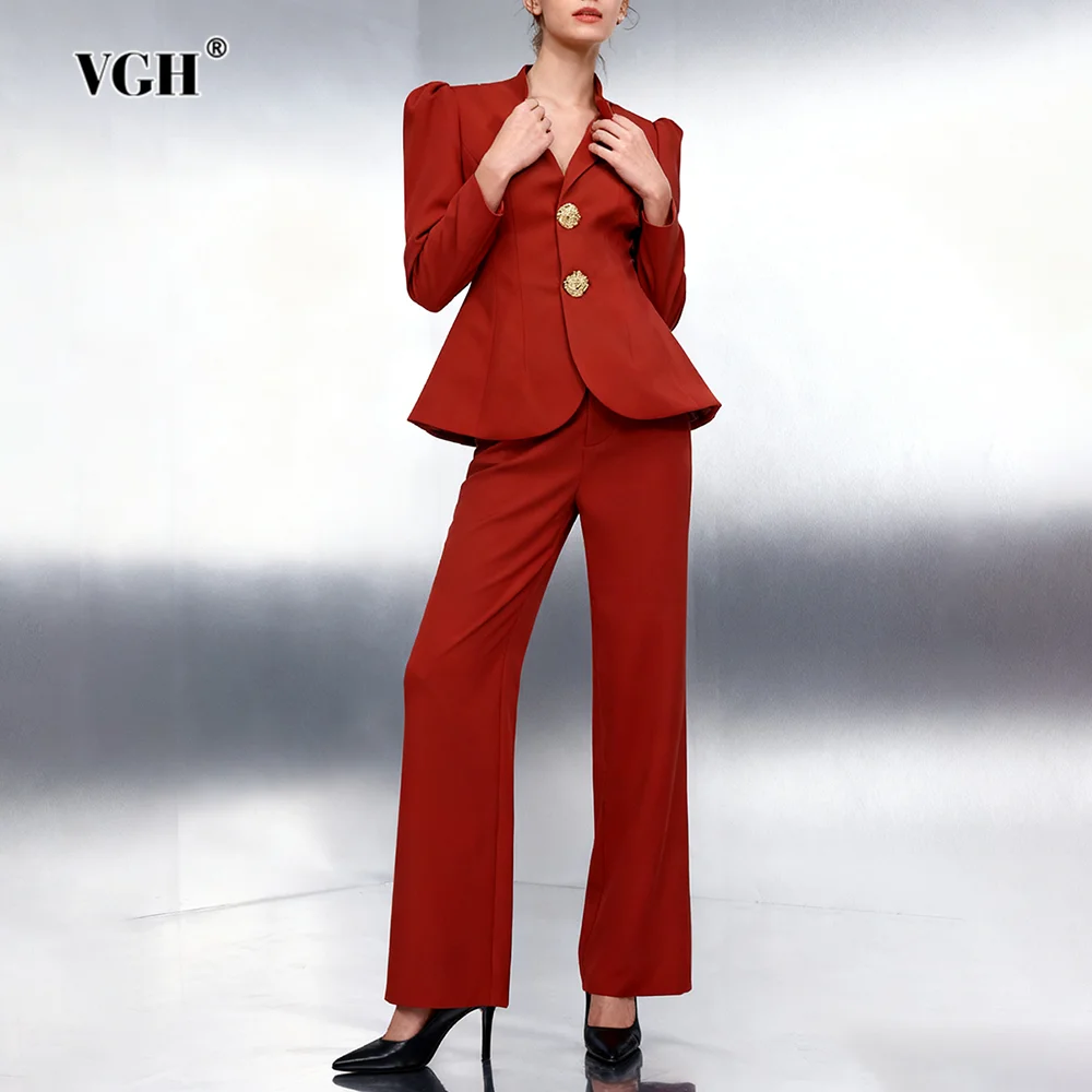 

VGH Designer Solid Slimming Two Piece Sets For Women V Neck Long Sleeve Spliced Button Top High Waist Pants Chic Set Female New