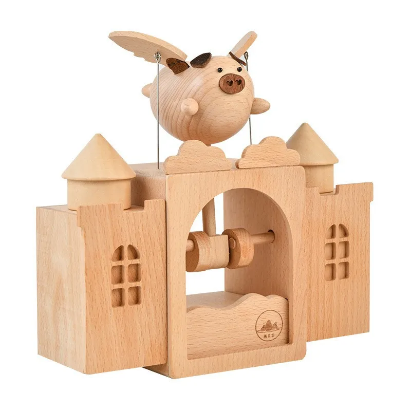 Wooden Electric Castle Music Box, Creative Festival Birthday Gift, Desktop Decoration, Handcrafted Wooden Handicraft