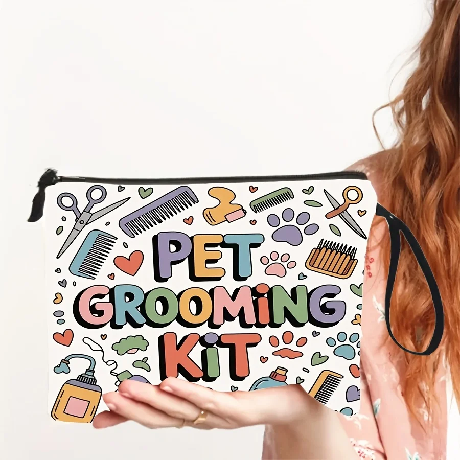 Pet Grooming Kit Cosmetic Bag with band Scissors & Paw Print Design | Zippered Makeup Bag Foldable Travel Pouch with Groo