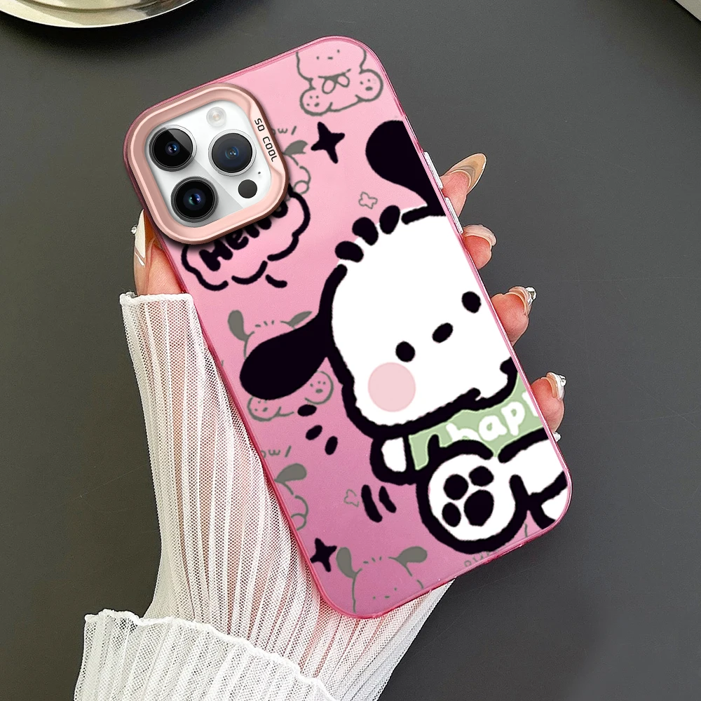 MINISO Cute P-POCHACCO Phone Case For iPhone 16 12 13 14 15 Pro Max Plus Color Electroplated Silver IMD Laser Shell