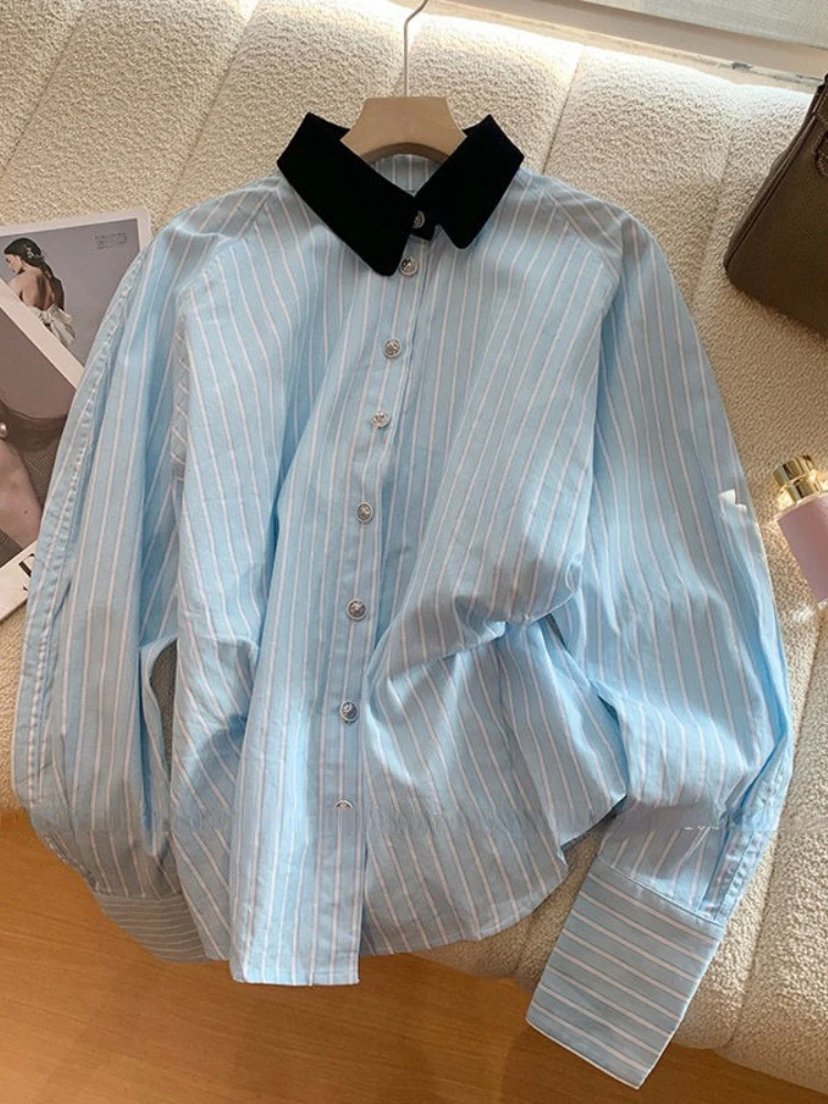 Small Fragrance Blouses Single Breasted Long Sleeve Striped Contrast Color All Match Shirts Spring Autumn Vintage Women Clothing