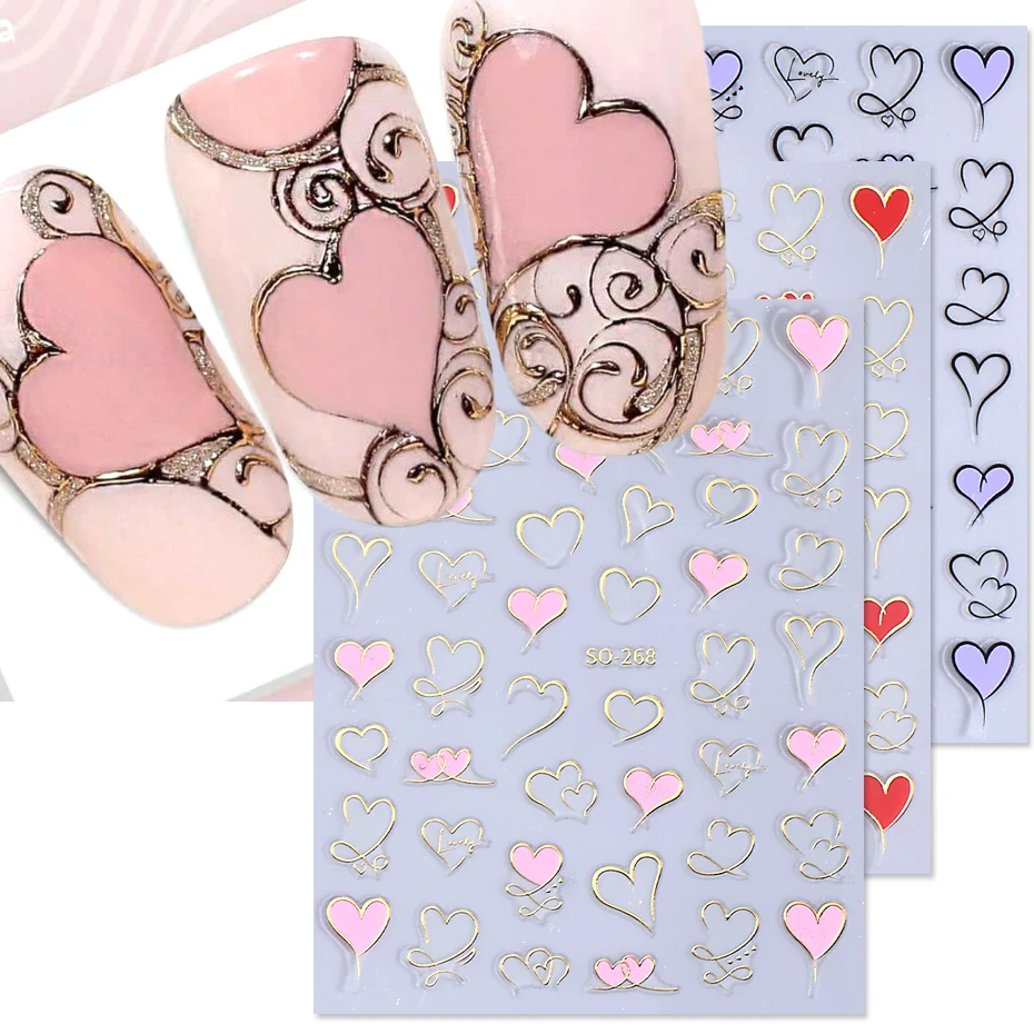 Metallic Heart Nail Art Stickers 3D Gold Pink Red Purple Hollow Love Heart DIY Valentines Y2K Style Bronzing Manicure Decoration