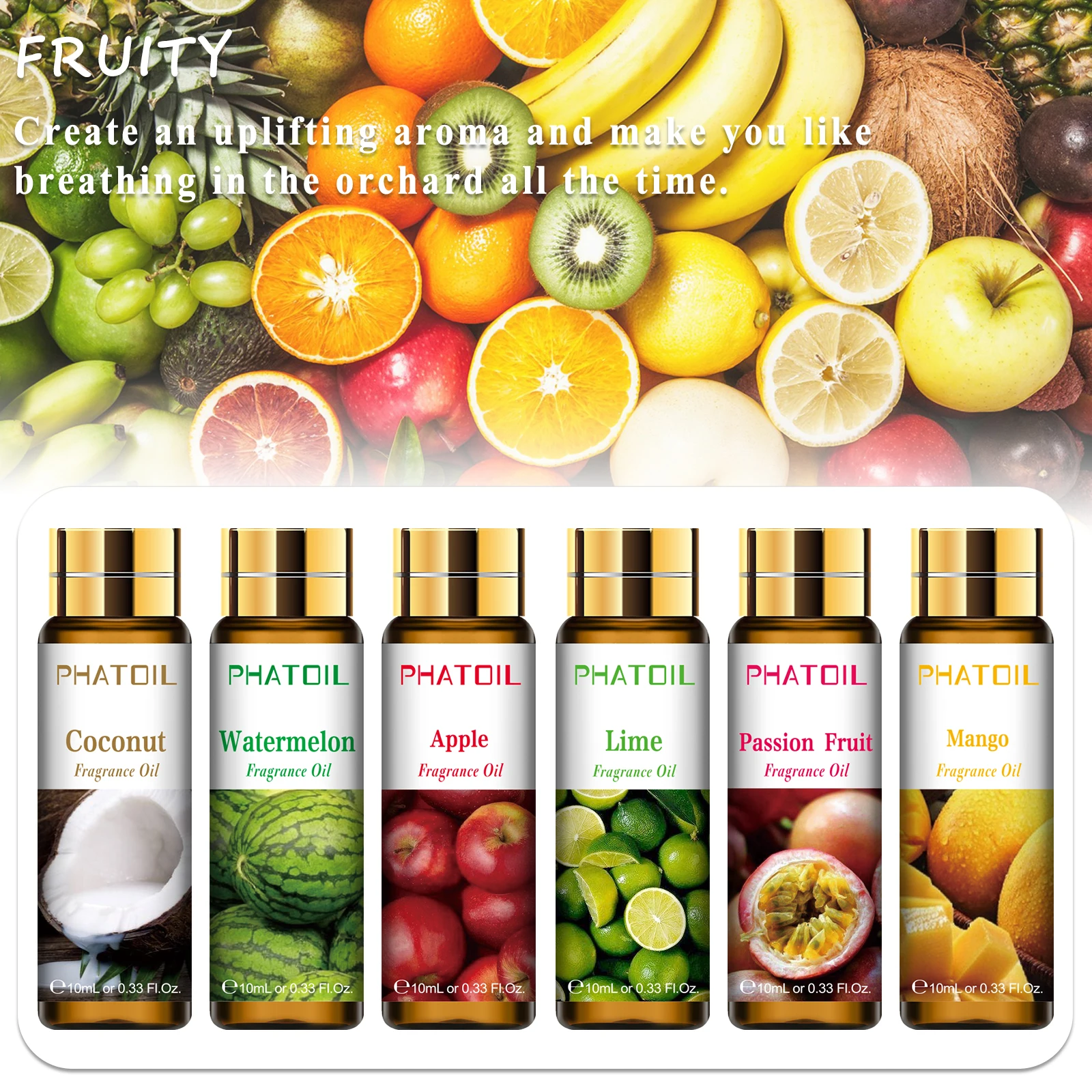 PHATOIL 9pcs Fragrance Oils Set 10ml Lime Mango Strawberry Watermelon Cherry Coconut Pineapple for Candle Soap Making Diffuser