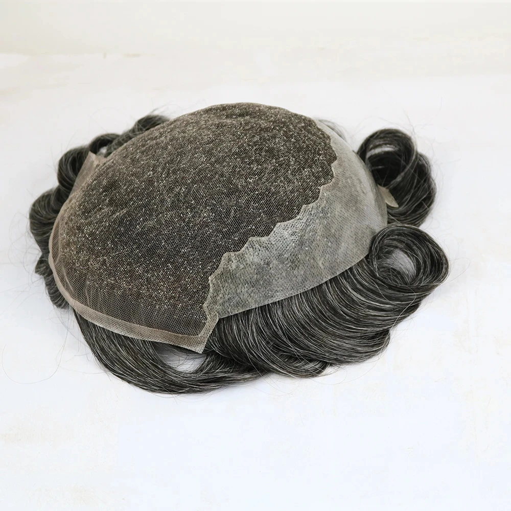 Q6 Swiss Lace & Pu Base Man Wig pemutih Unit sistem simpul Remy rambut palsu pria Toupee renda depan Wig rambut pria abu-abu