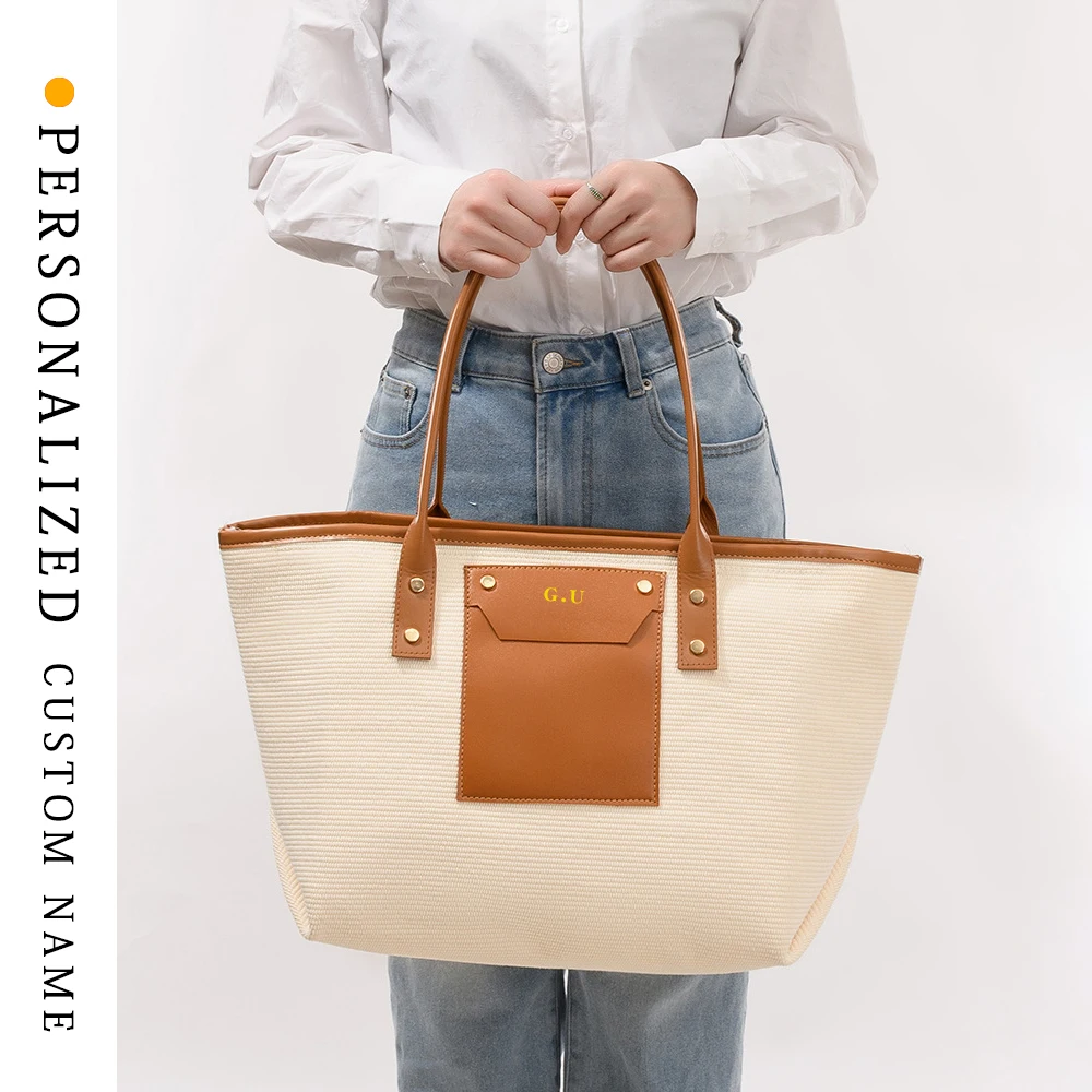 

Beach vacation beach bag fashion tote women's bag large capacity pu hand zipper canvas bag custom free gold stamping