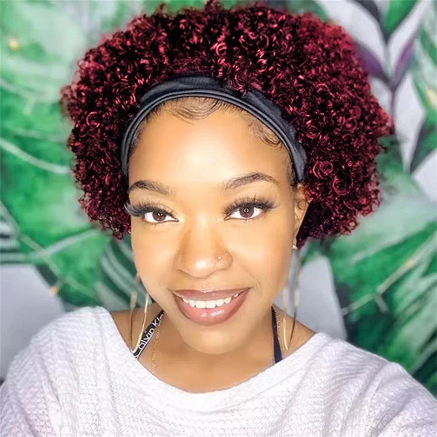 99J Burgundy Short Curly Pixie Cut Human Hair Headband Wig for Women, Machine Made Headband Wig for Daily Wear