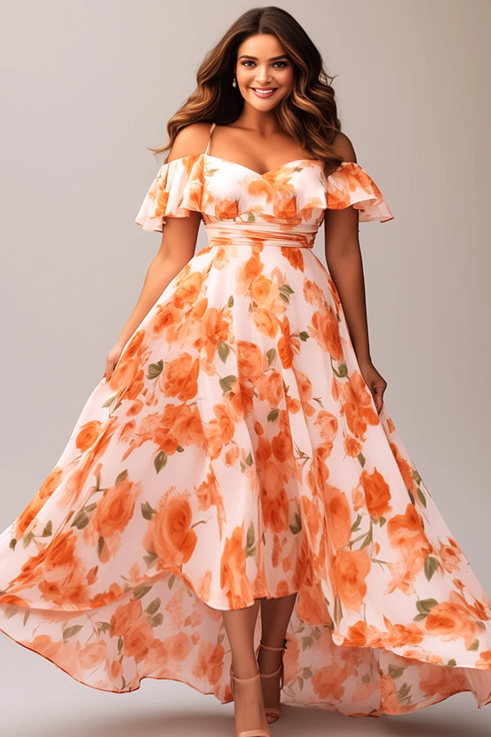 

Flycurvy Plus Size Vacation Orange Chiffon Floral Print Cold Shoulder High Low Hem Maxi Dress