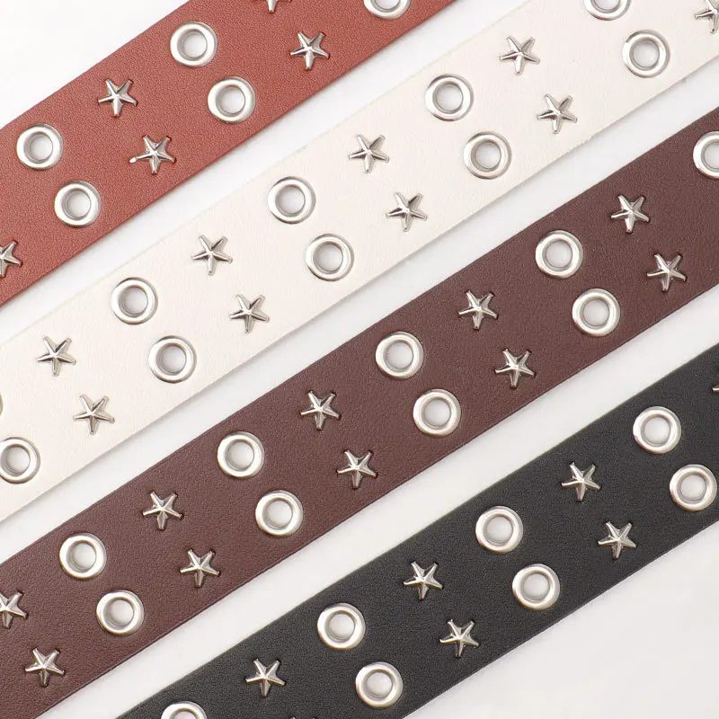 Women y2k Star Eye Rivet Belt Double Row Hole Belt Punk Waist Strap Hollow Out PU Leather Jeans Decorative Fashion Waistband