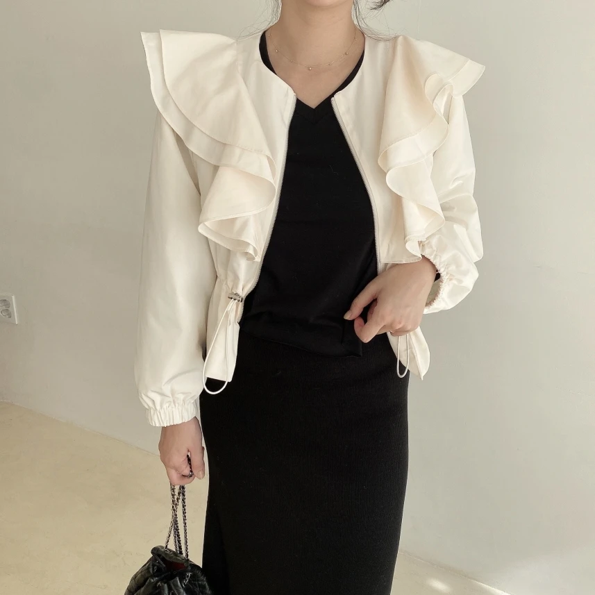 Korean Style Chic Short Waist-Cinching Zipper Jacket with Pleated  Simple Design Autumn Fashion Outerwear for Women