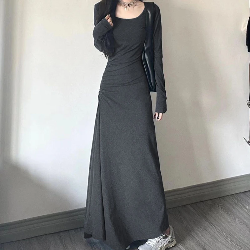 Elegant Lady Long Dress Irregular Y2K Chic Slim Solid Sexy One Piece Women Dresses All Season New High Waist Full Sleeve Skirts