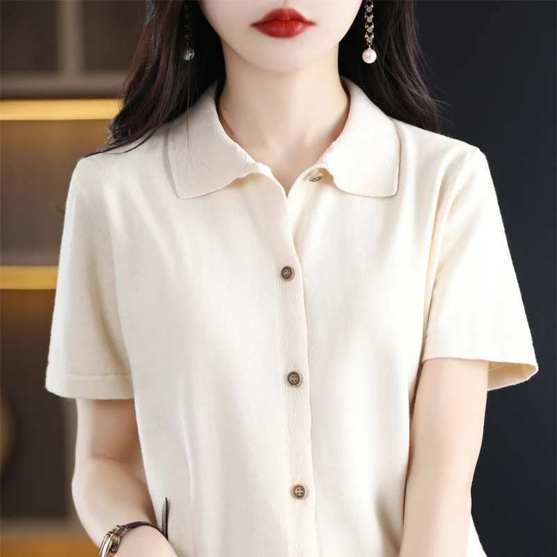 Spring and summer new 100% cotton women's POLO neck shirt short sleeve cardigan fashion slim shirt solid color shirt T-shirt