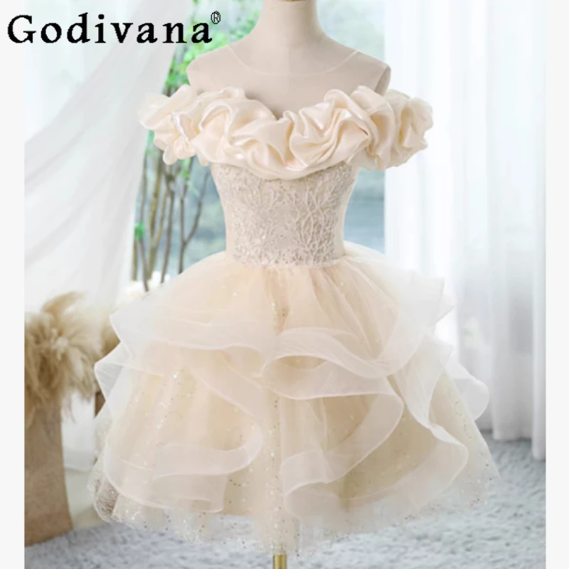 

Spring Summer Temperament Girl Slash Neck Princess Evening Dress Fashion High Waist A-line Champagne Sweet French Short Dresses