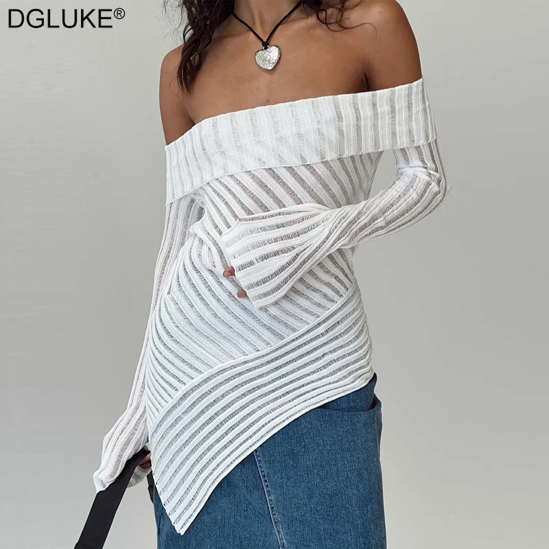 Hollow Out Knitted Blouses For Women Off Shoulder Long Sleeve Blouse Fashion Asymmetrical White Sweater Tops