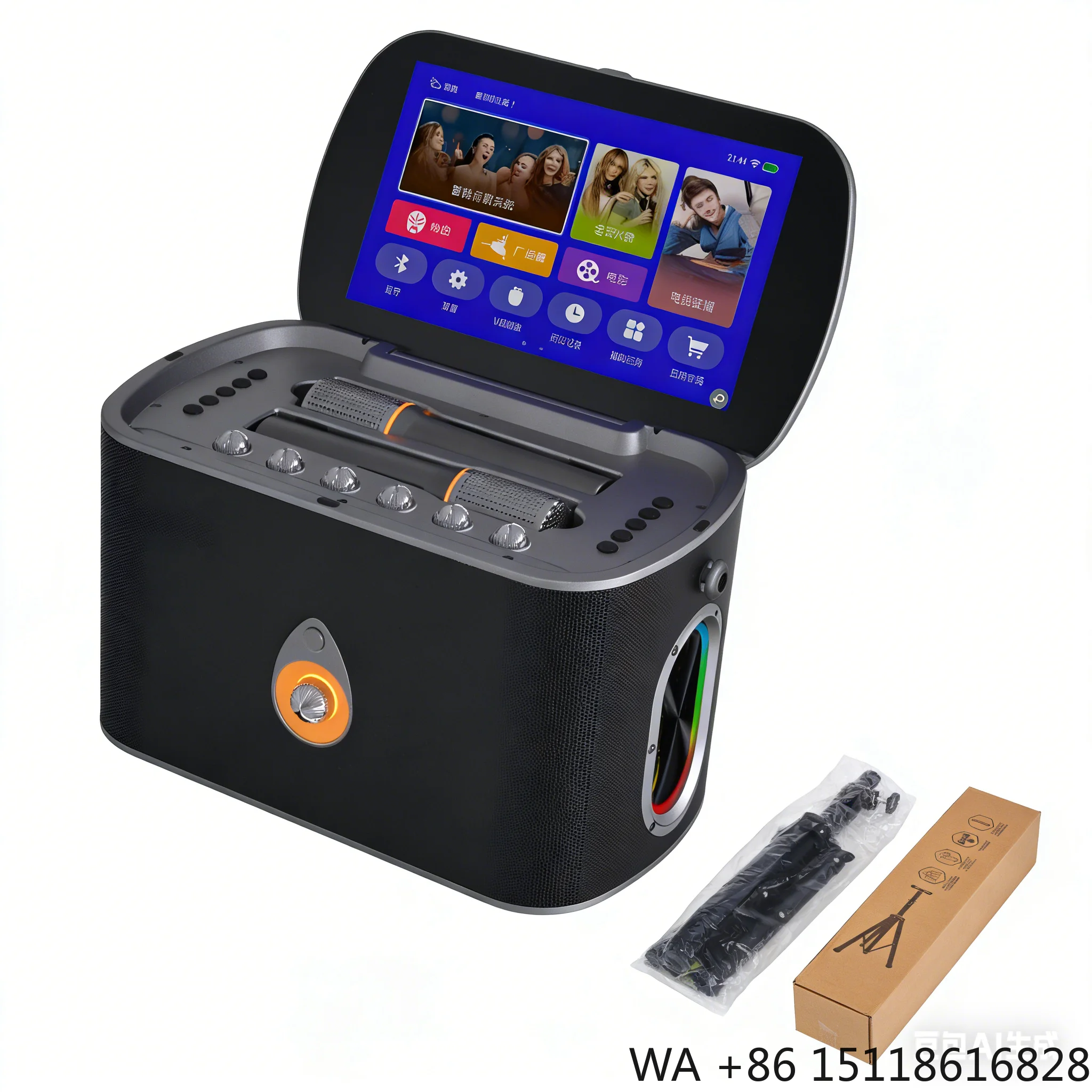 Smart Portable KTV Speaker with  Touch Screen  Dual Mic 50W Bass LED Light for Home Party Outdoor Fun