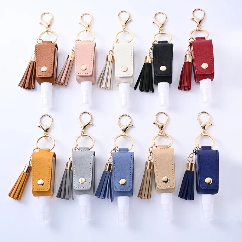 Portable PU Leather Hand Sanitizer Holster Keychain 30ML Tassel Spray Bottle Keychain Disinfection Spray Bottle Holster Key Ring
