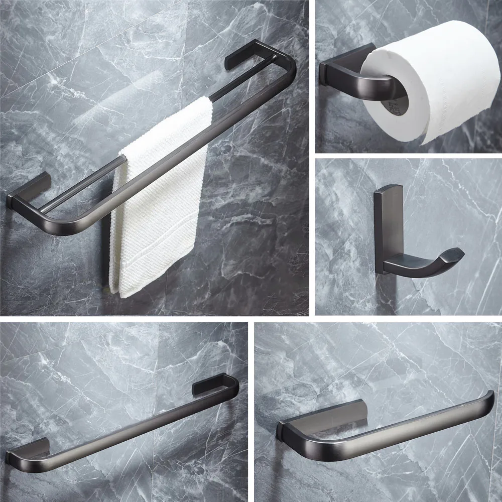 Gun Grey Brass Square Bathroom Accessories Set Bath Hardware Wall Mounted Towel Bar Toilet Paper Holder Robe Hook