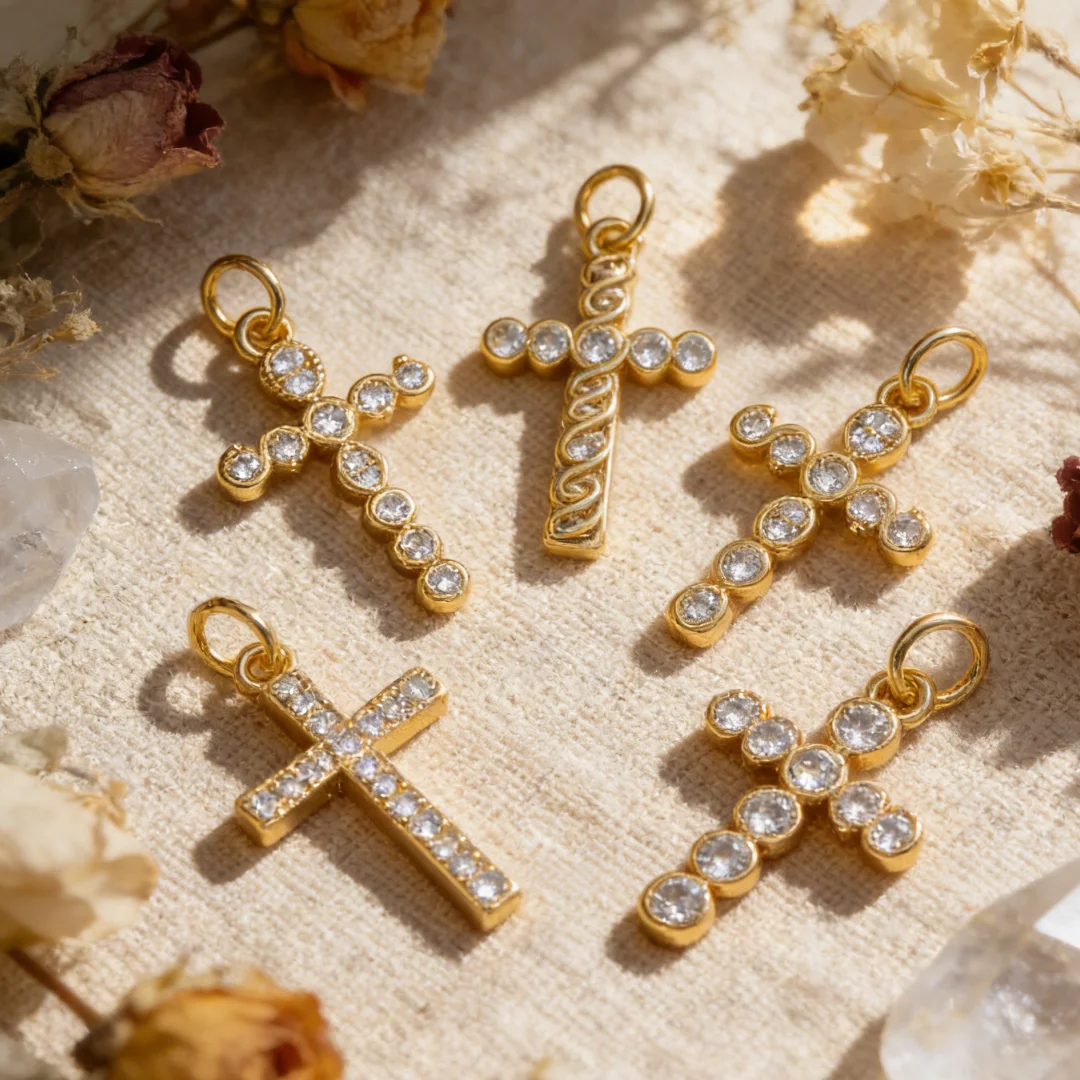 10Pcs Pendants Brass Cubic Zirconia Multiple Styles Cross Sparkling Charms for DIY Jewelry Necklace Bracelet Unisex Men Women