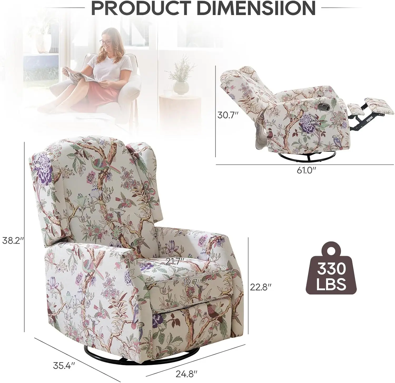 Floral Fabric Wingback Recliner Chair with High Back for Living Room and Bedroom