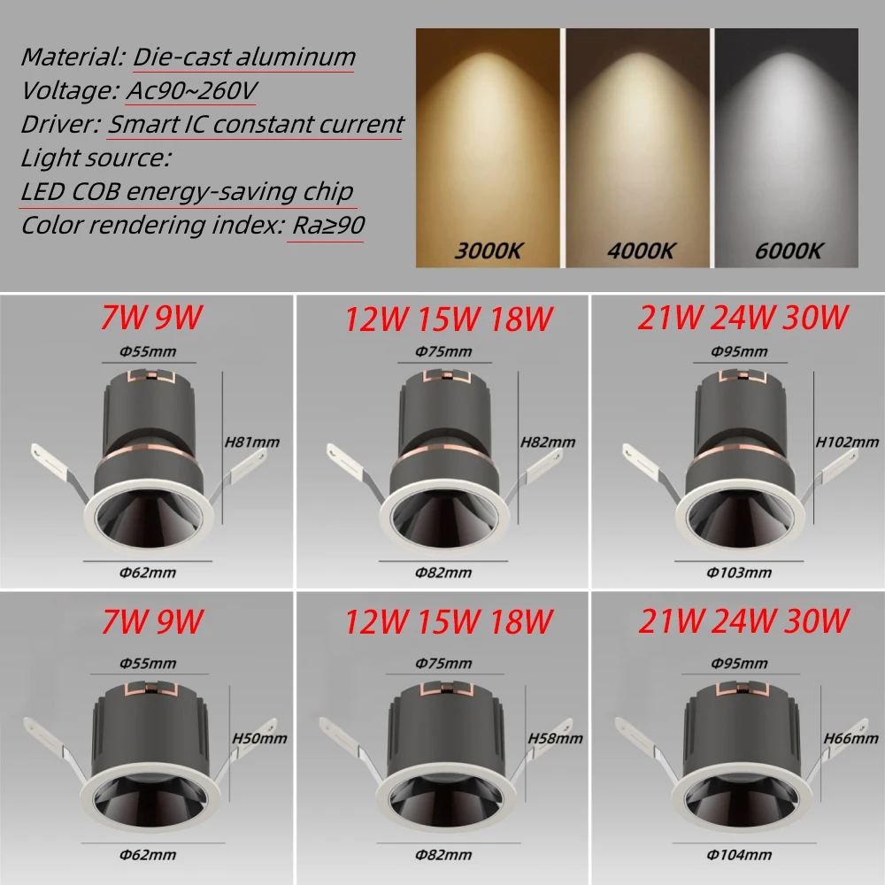 LED Ceiling Lamps Recessed Downlight Embedded Spotlight Dimmable Ac110V 220V For Hotel Home Decor Indoor Lighting Living Room