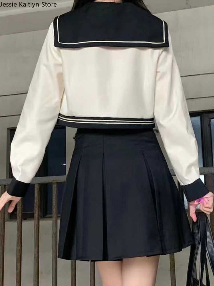 Korean Kawaii School Sailor Uniform Women Japanese Girl College Cosplay JK Uniform Autumn Long Sleeve Top and Pleated Skirt Sets