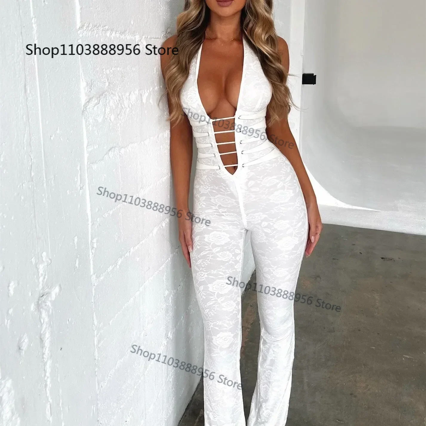 

Chic Women Lace Jumpsuits Halter Neck Cross Backless Sleeveless Long Rompers Summer Slim Playsuit Clubwear ropa de mujer