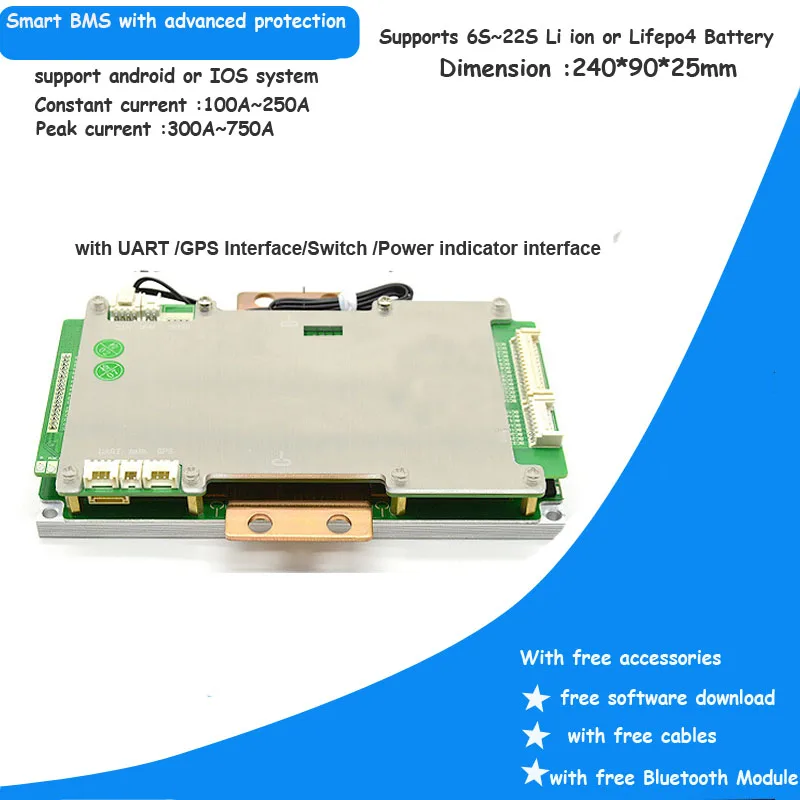 6S to 22S Li  ion or Lifepo4 Smart Bluetooth BMS with 100A or 250A constant current for energy solar storage Battery