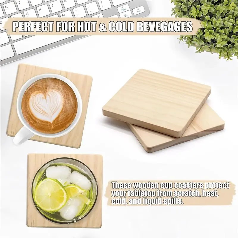 N96R Heat-Resistant 20 Pcs 4 Inch Unfinished Square Wood Coasters, Non-Slip Pads For Teacup For DIY Crafts