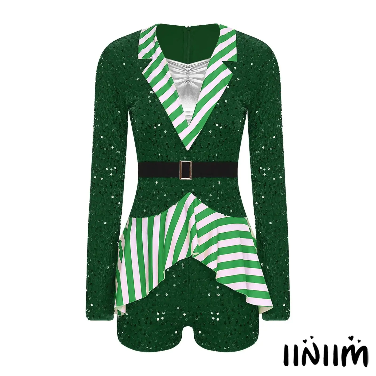 بدلة قفز نسائية لعيد الميلاد على شكل قصب الحلوى مع شريط ومطرزة مخملية مرقعة لحفلات عيد الميلاد للعام الجديد #1