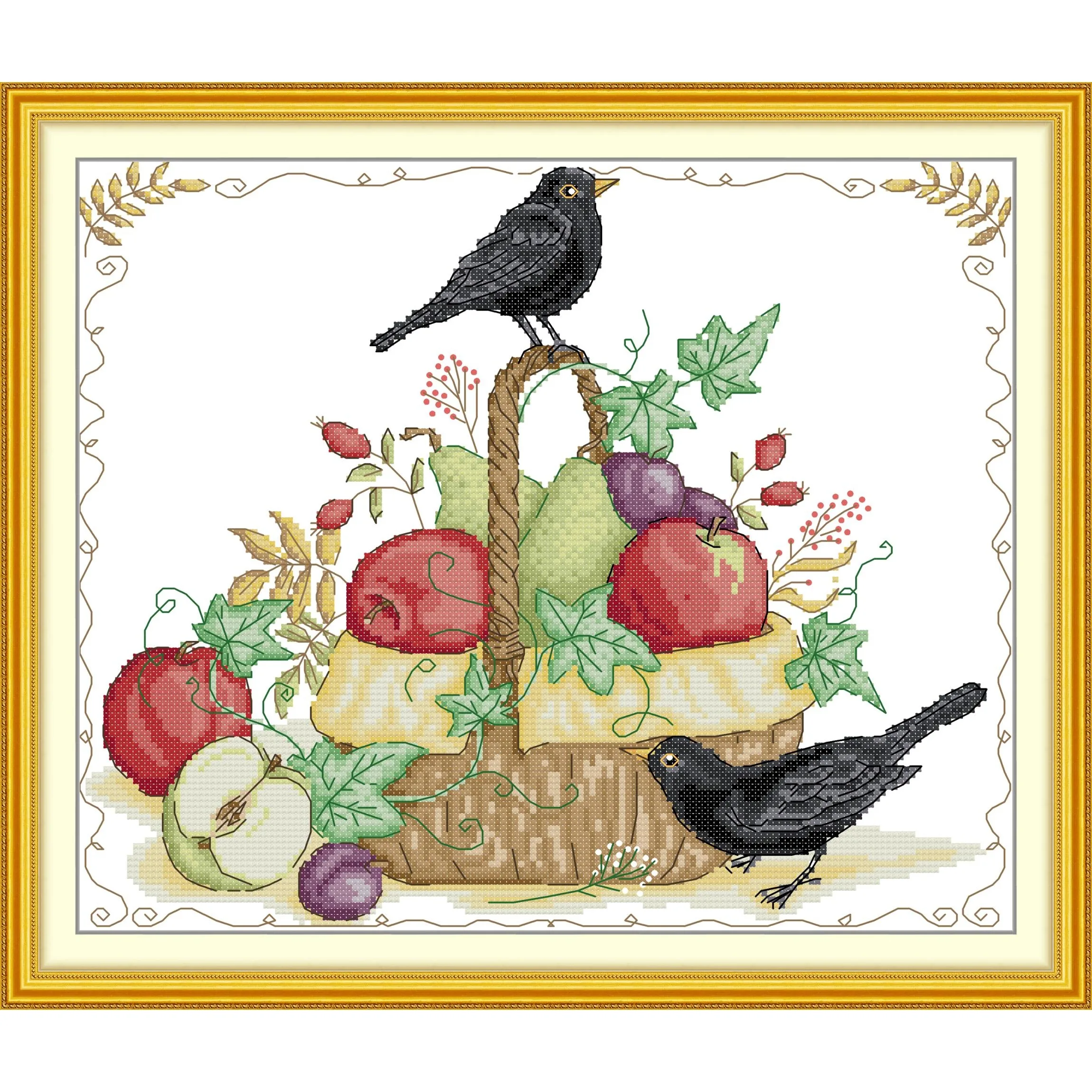 

Joy Sunday Pre-printed Cross Stitch Kit Easy Pattern Aida Stamped Fabric Embroidery Set-The Fruit Basket and The Crow