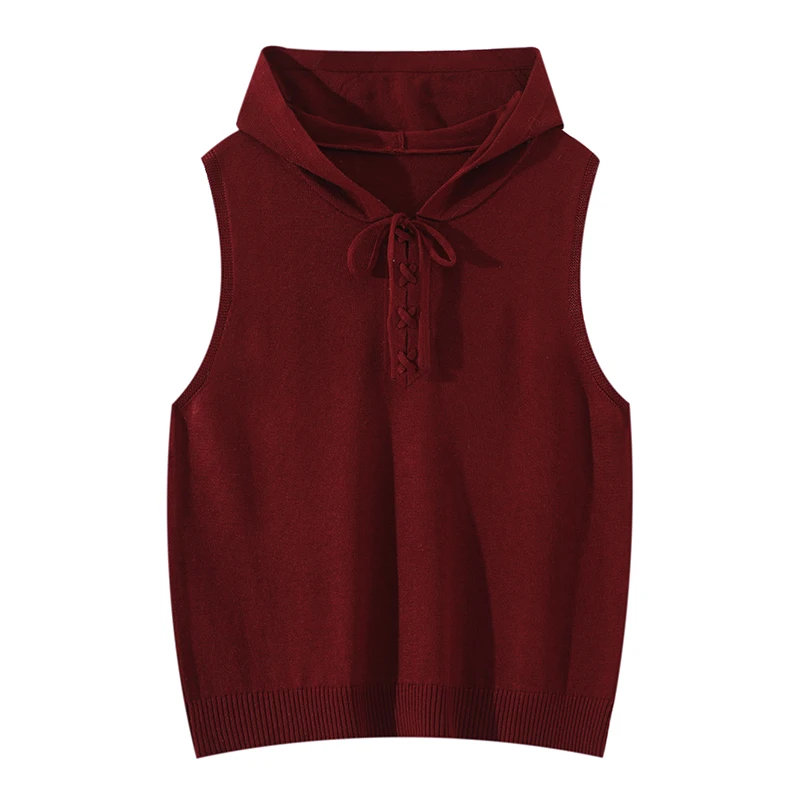 

Sleeveless Hoodie Women Spring Hooded Knit Vest Lyocell Silk Wool Knit Hooded Tank Exquisite Lace-Up Layering Knitwear Soft Cozy
