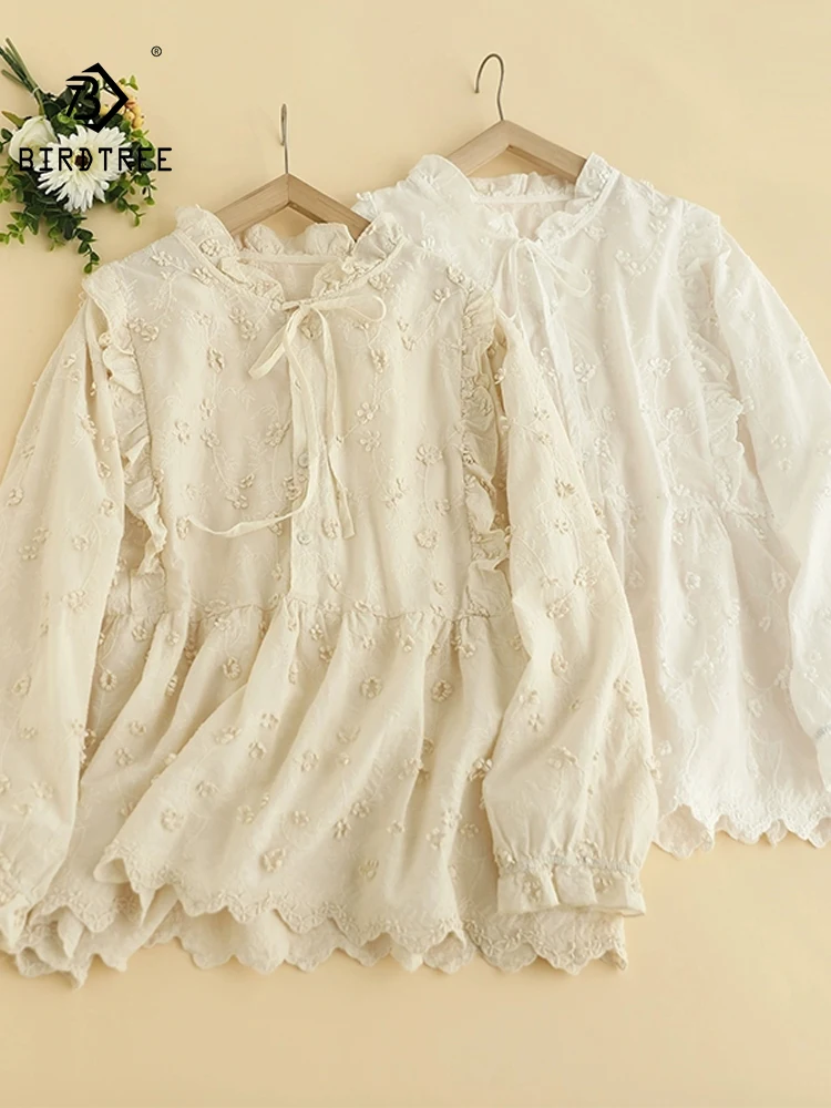 

Новая осенняя хлопковая рубашка с длинным рукавом 2025, женская свободная блузка с круглым вырезом и вышивкой на шнуровке, свободная блузка Mori Girl во французском стиле ретро T57316CC