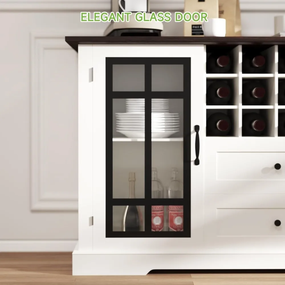 Bauernhaus-Buffetschrank mit Stauraum, großes 59-Zoll-Sideboard, Wein- und Kaffee-Barschrank mit 2 Glastüren, abnehmbares Weinregal, Bu