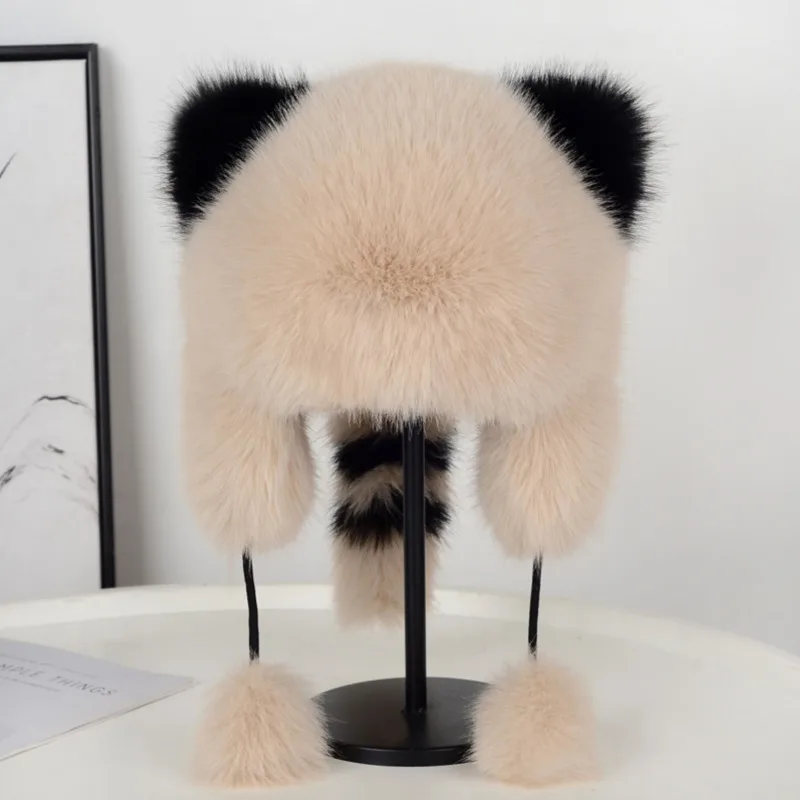 Faux Fox Fur Hat Women Cold-Proof Ear Protection Hat Cute Panda Ear Lei Feng Hat Fashion Baotou Hat Winter Outdoor Thicken Caps