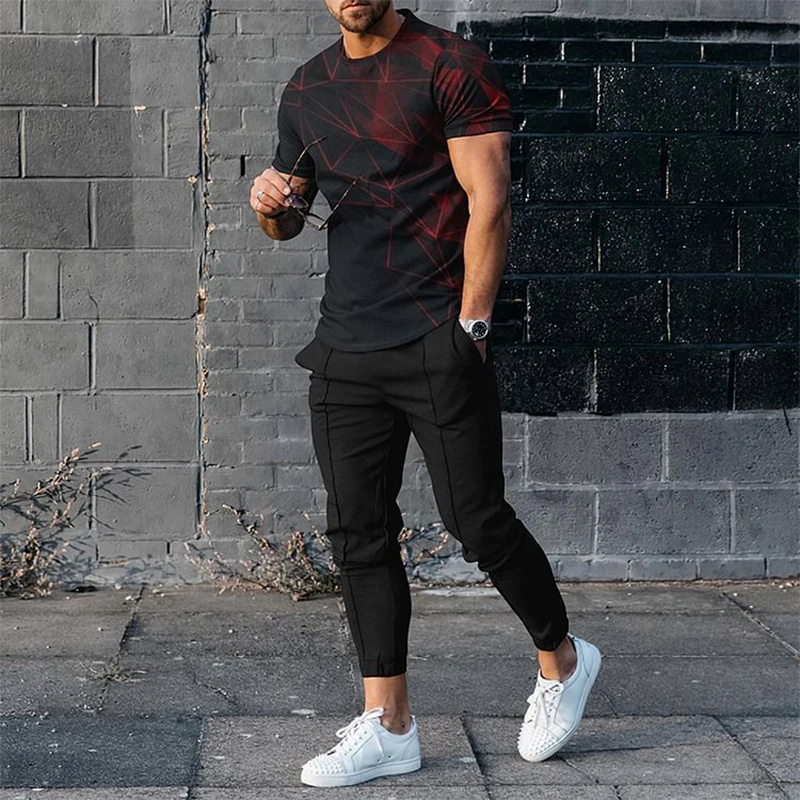 Men\'s T-shirt Pants Tracksuit Abstract Gradient 3D Print T Shirts Trousers Sets 2 Pieces Streetwear Oversized Suits Sportswear