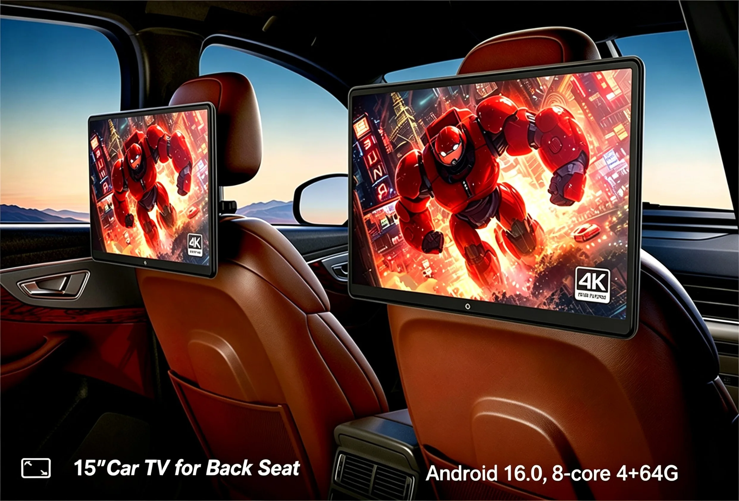 15''Car Headrest Monitor 4K 3240*2160P Display Video Player Android 16.0 4+64GB Wifi Game Remote Control HDMI IR AV Mirror Link