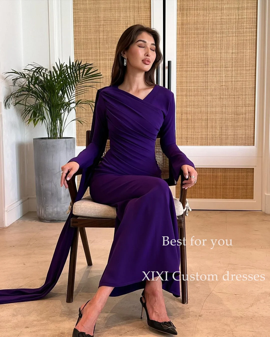XIXI-vestido de noche de manga larga para mujer, traje elegante con cuello en V, longitud hasta el suelo, para fiesta de cumpleaños, de lujo, 2024