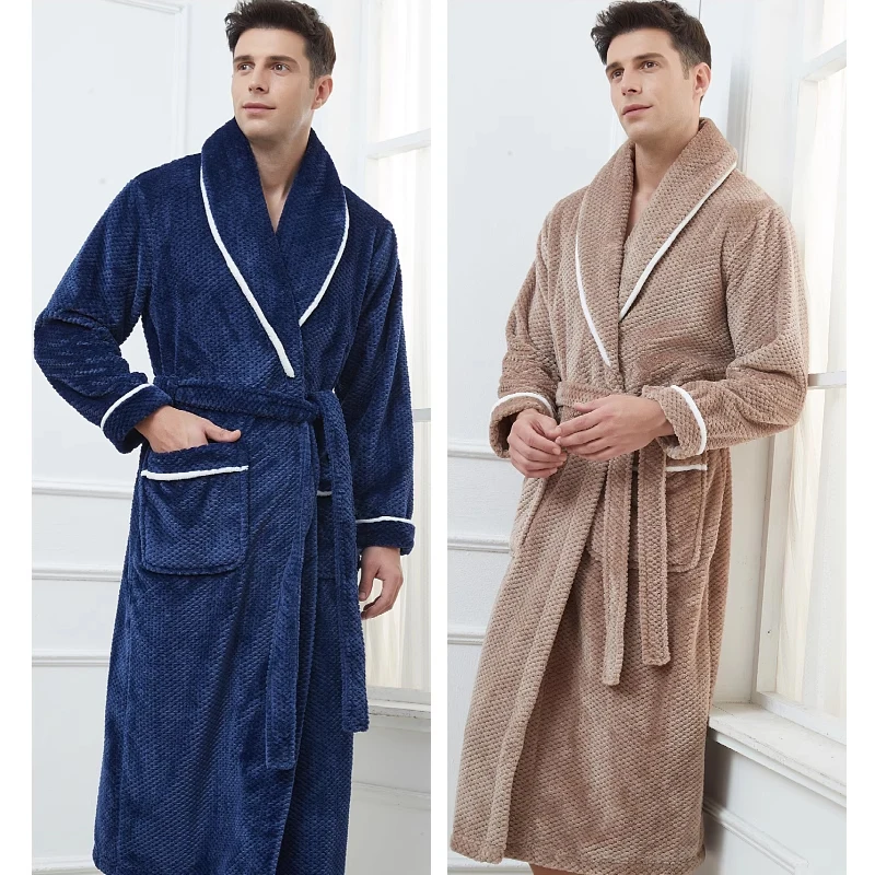 Winter Thickened Coral Fleece Men\'s Sleepwear Long Robe Warm Flannel Nightwear Sexy Couple Bathrobe Loose Home Wear Loungewear