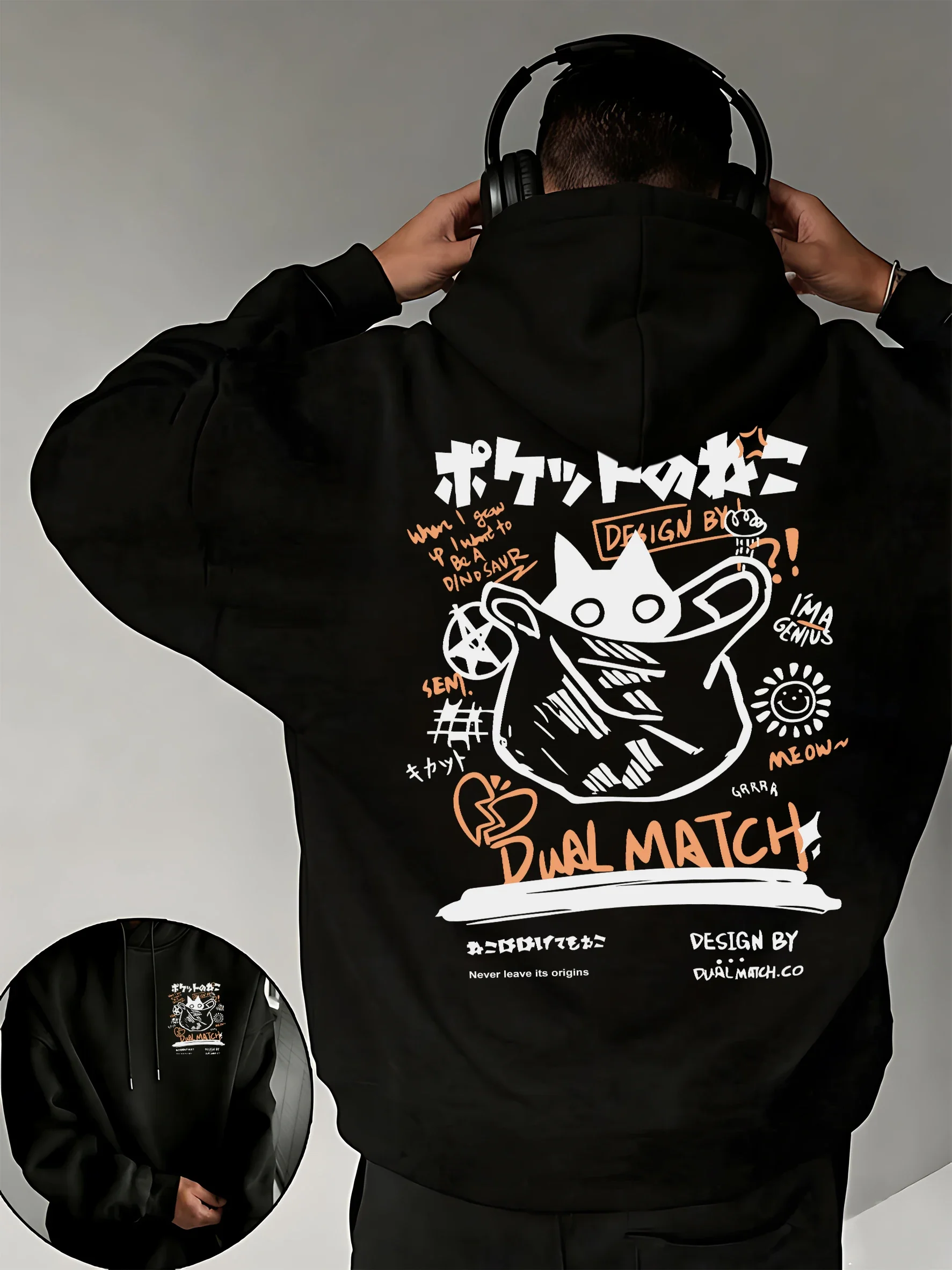 Sudadera con capucha informal para hombre, estilo japonés, con estampado de gato, cálida, moderna, holgada, básica, sencilla, tipo jersey.