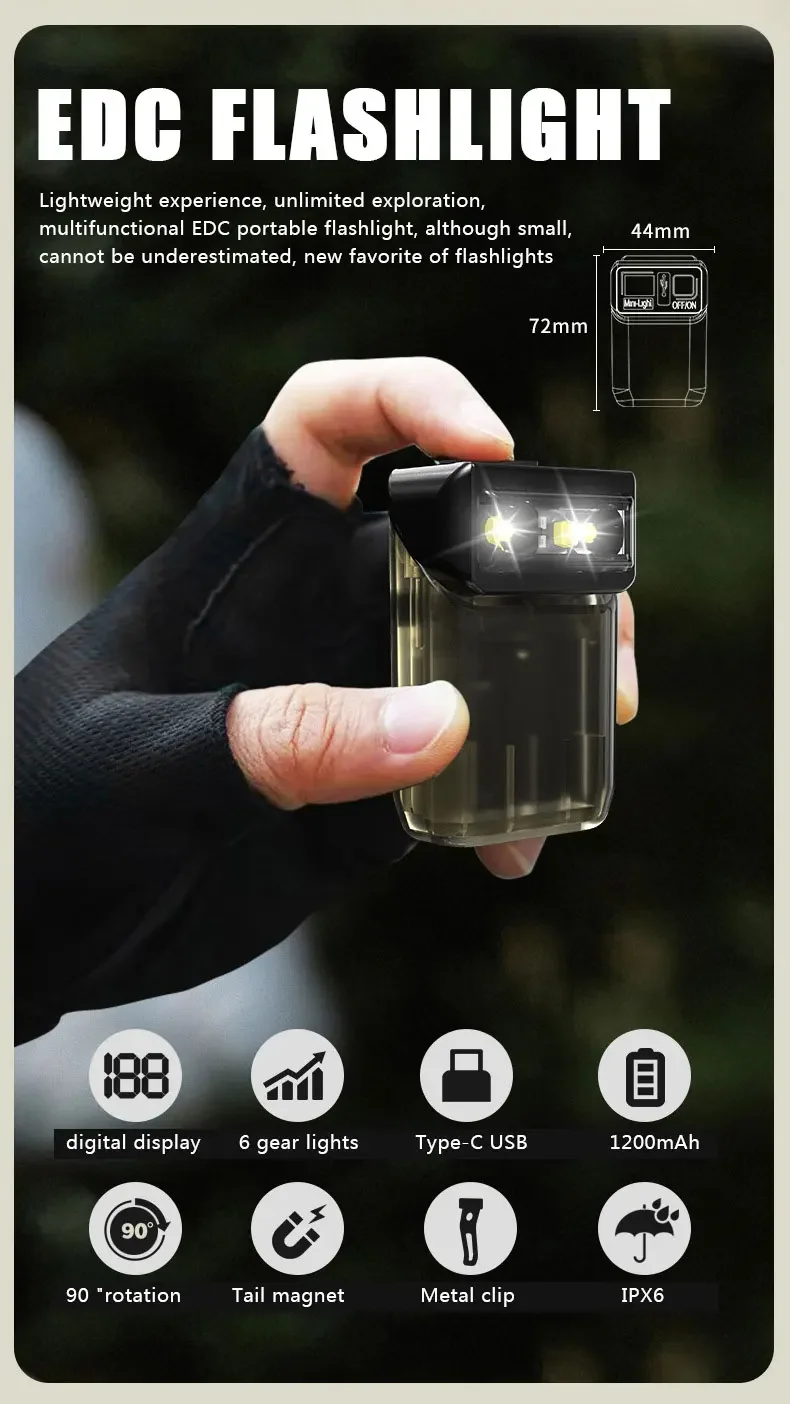 강력한 회전식 EDC LED 손전등, 휴대용 키체인 토치, USB 충전식 자석 작업 조명, 캠핑 전원 디스플레이 랜턴